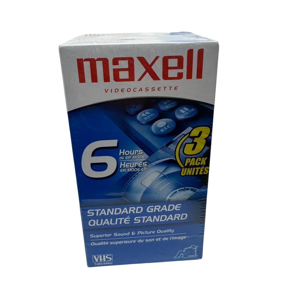 Maxell Standard Grade T-120 VHS Videocassette 3 Pack New Sealed 6 Hour EP Model